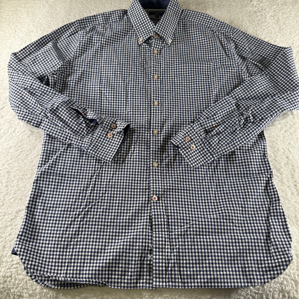 T.M.‎ Lewin Dress Shirt Blue Long Sleeve Button Up Men Size Large Check Pocket